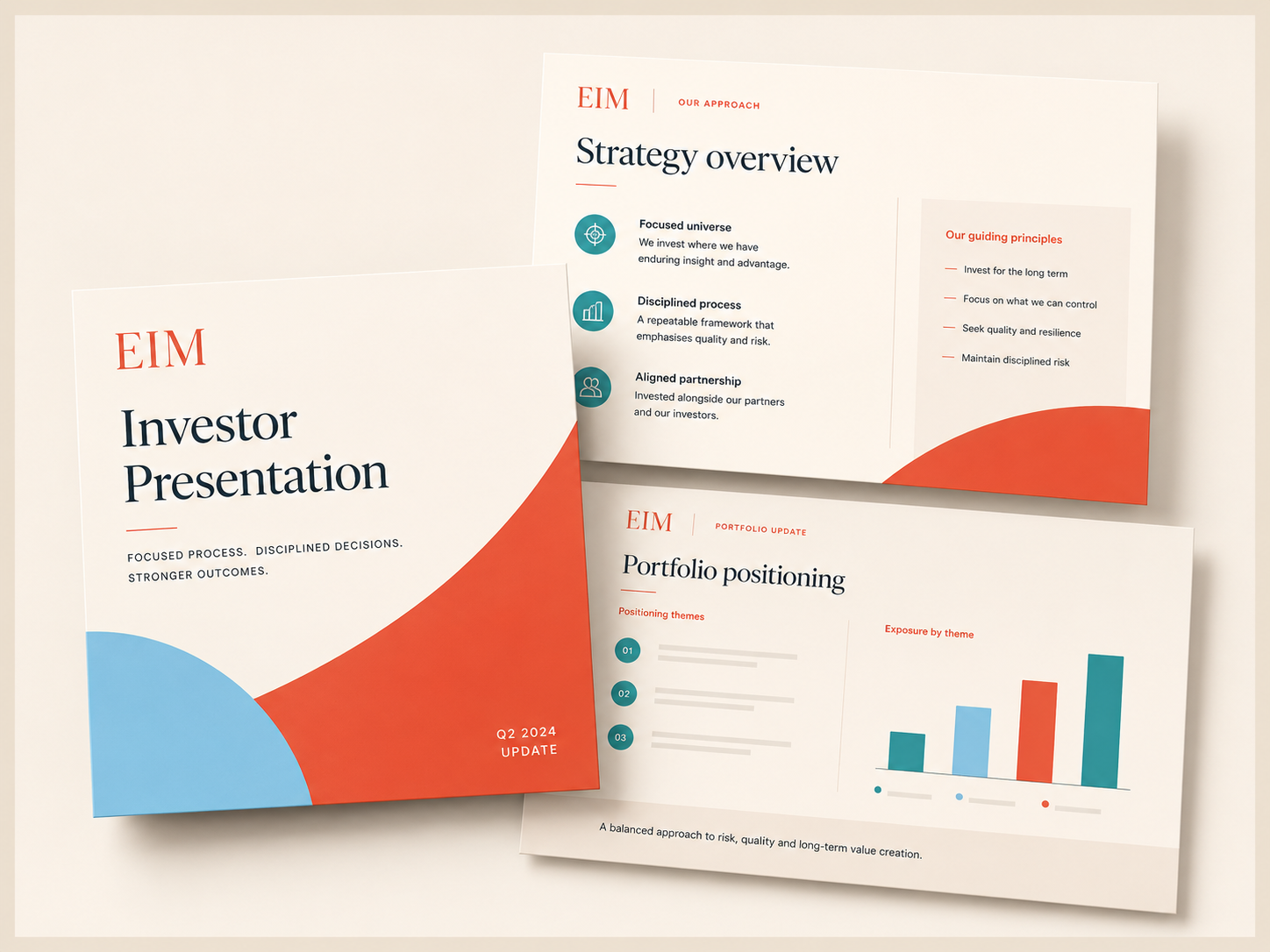 Illustrative EIM investor presentation showing a branded cover, a strategy overview slide and a portfolio positioning slide with an illustrative chart.